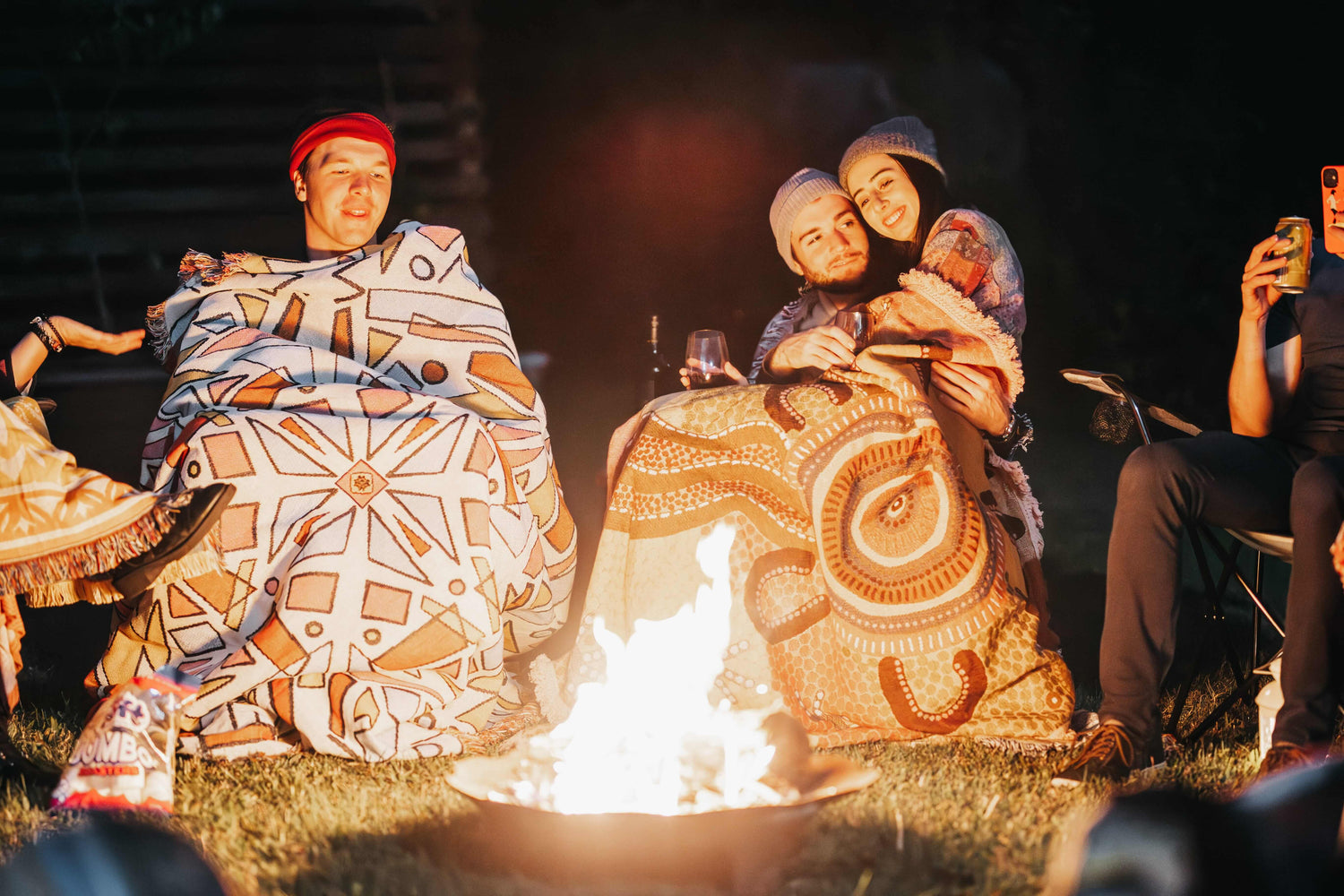 Winter uses for your Five Hearts throw rug - camp fire backyard gathering