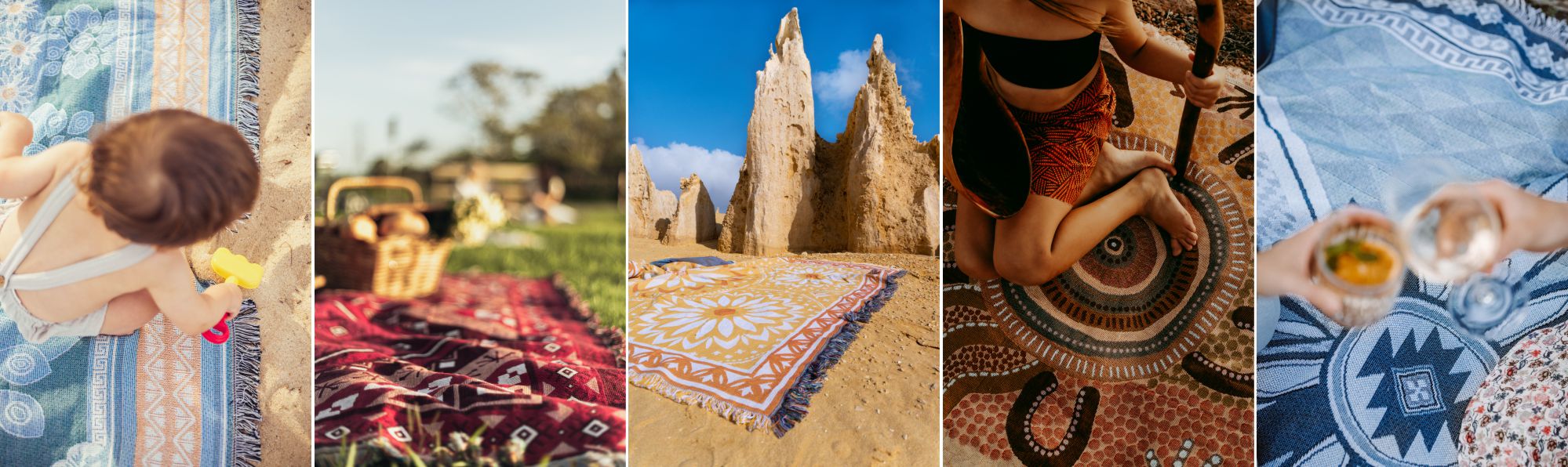 Assorted throw blanket and picnic rug designs. Beach blanekt with baby playing in sand. Red picnic blanket and basket on grass. Yellow rug on sandy desert. Aboriginal design throw. Blue blanket with friends doing a cheers with drinks.