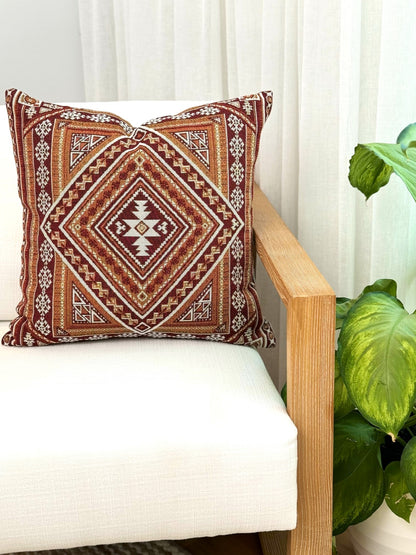 Desert Night boho design brown tones woven cushion. Recycled cotton and recycled polyester, sustainable 