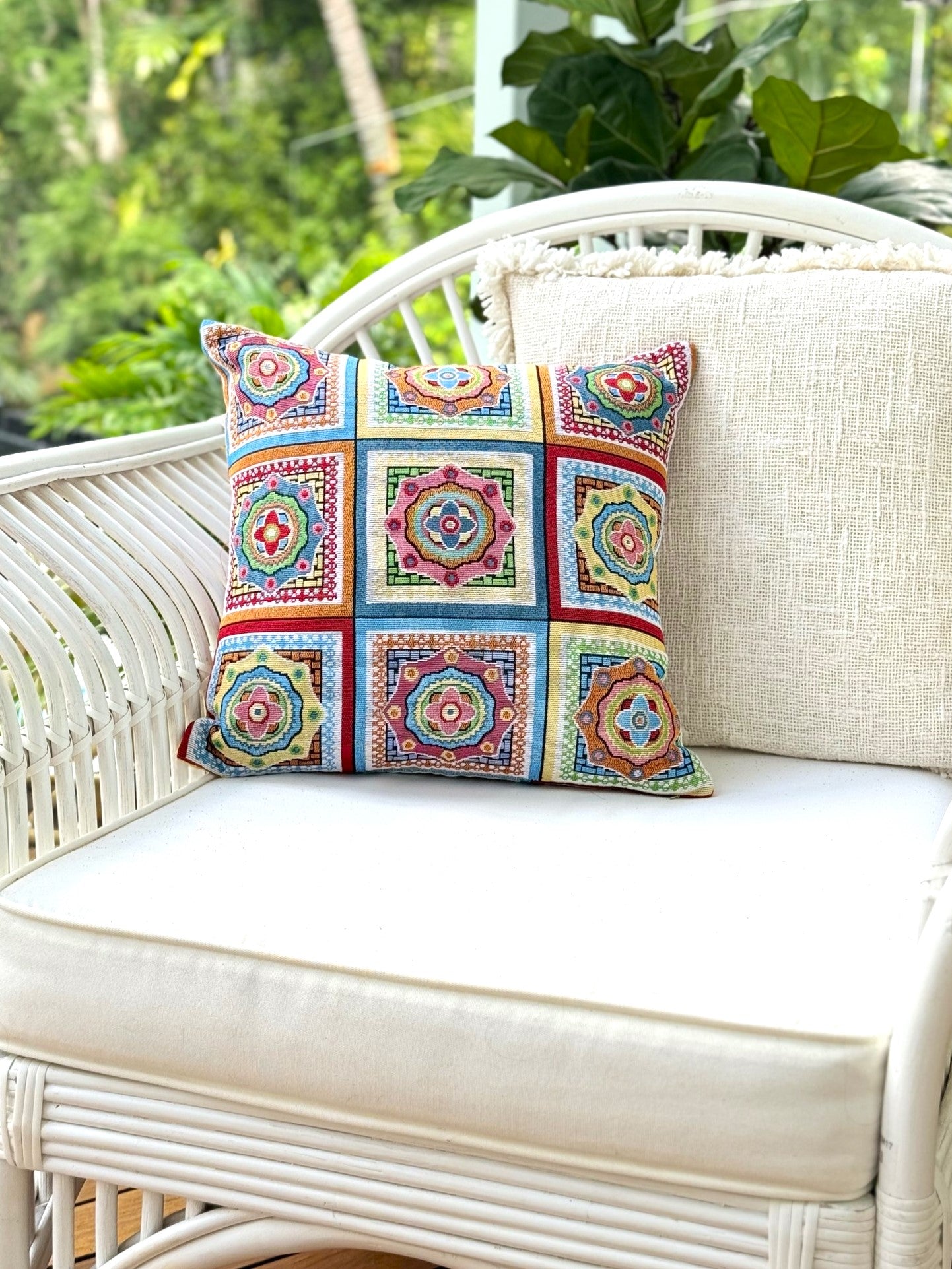 Forever Young woven cushion cover bright rainbow colours, crochet style design, recycled fabrics