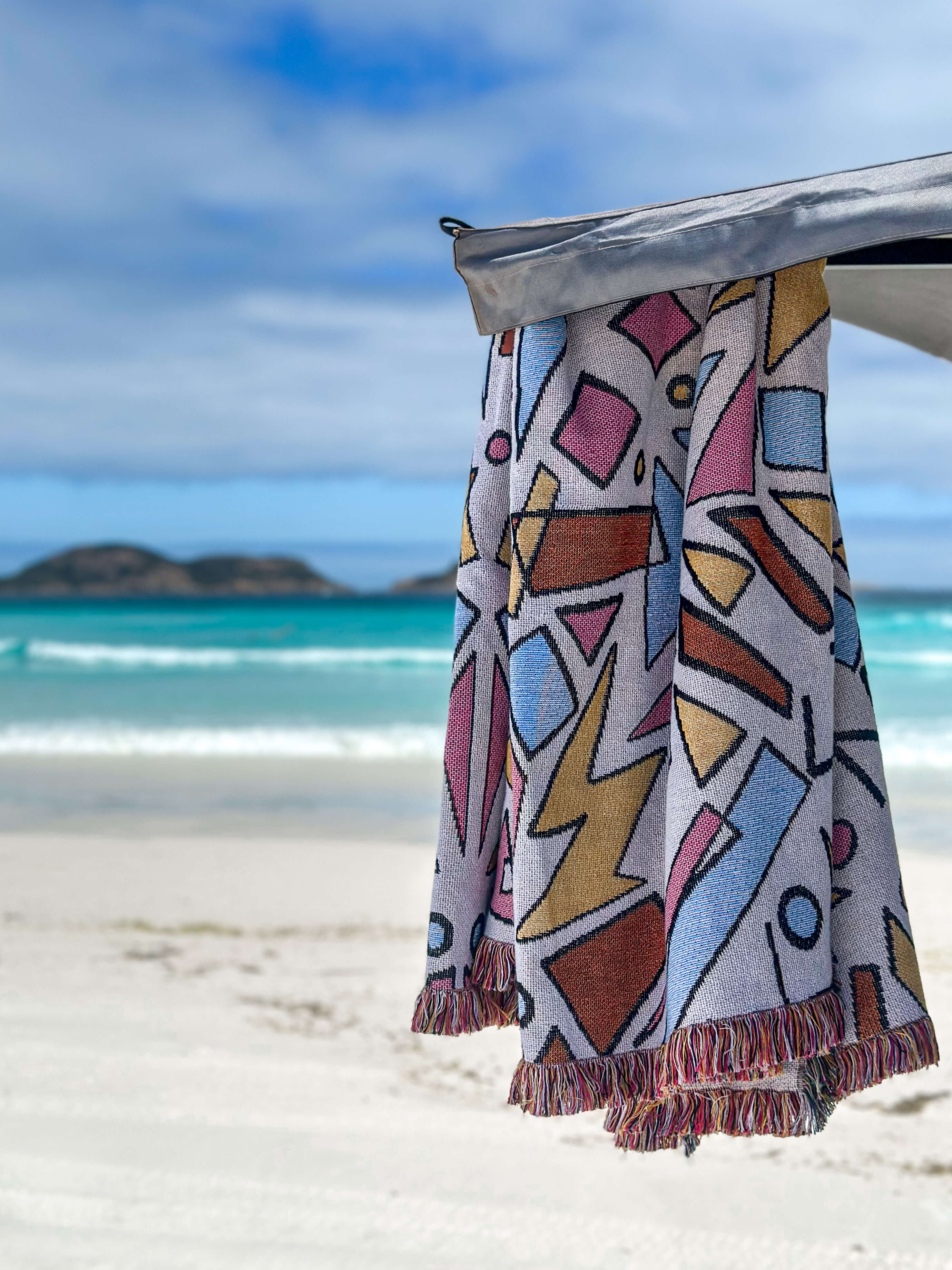 Just Ace throw rug beach blanket 90s vibe colourful design. Designed in Australia. Generous size perfect for van life camping and adventure.