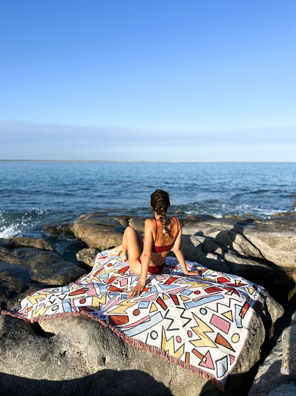 Just Ace throw rug beach blanket 90s vibe colourful design. Designed in Australia. Generous size perfect for van life camping and adventure by the ocean
