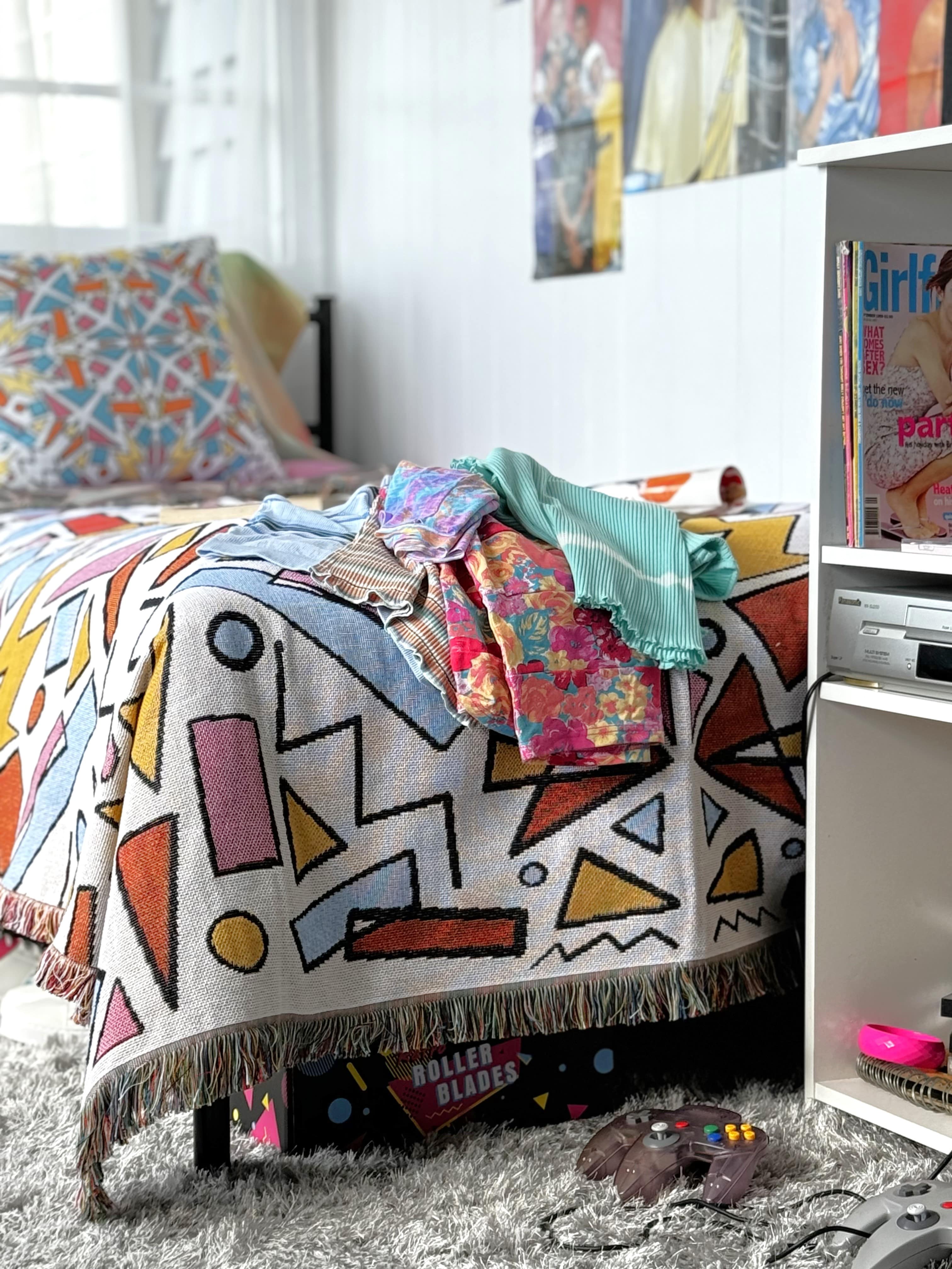 Just Ace throw rug beach blanket 90s vibe colourful design. Designed in Australia. 90s Bedroom decor, 90s vibe throw blanket. 