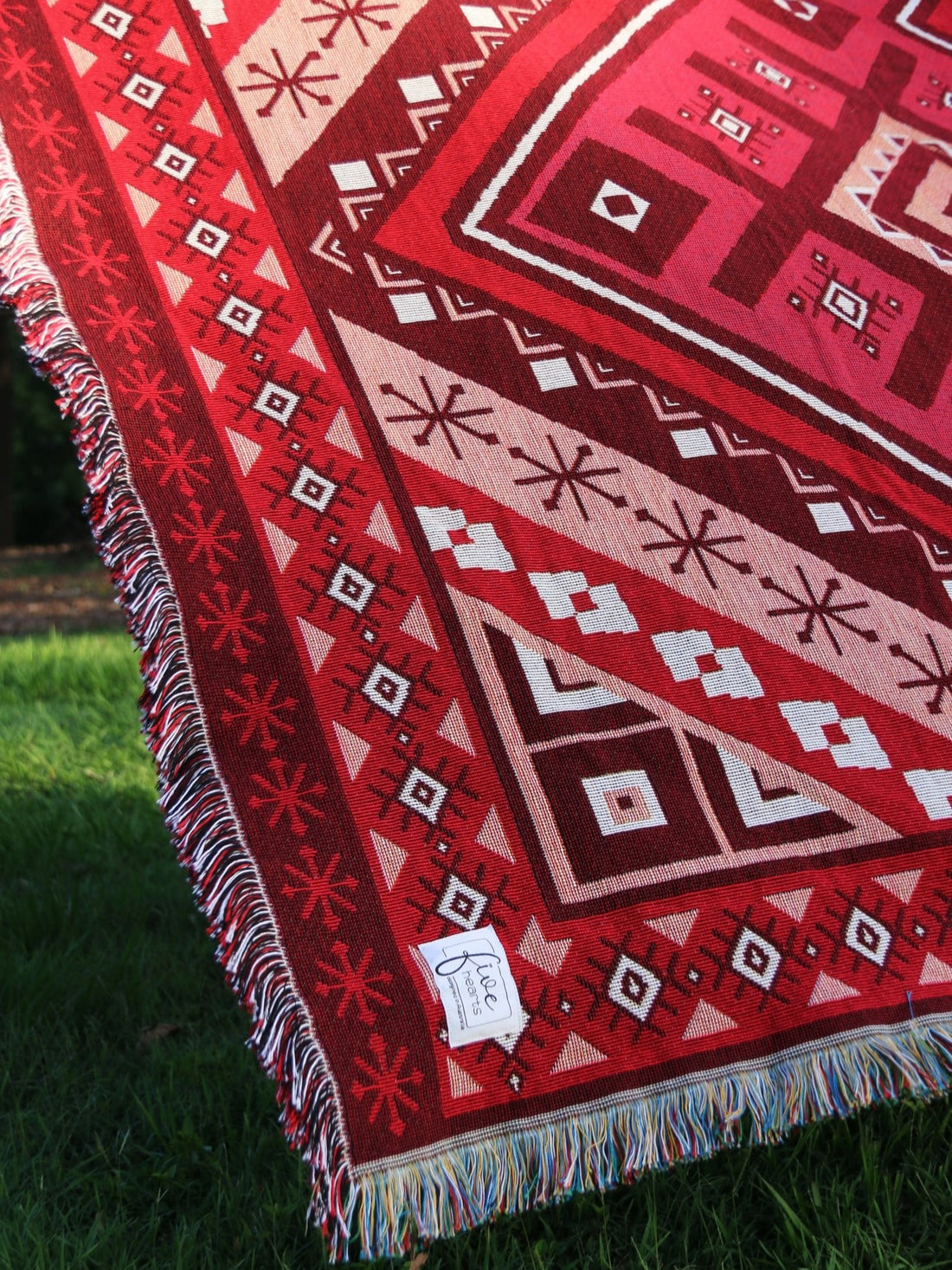 Red throw rug picnic blanket. Modern woven throw, sustainably made recycled cotton. XL size picnic rug
