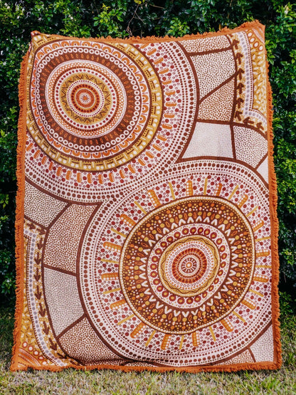 Stomping Ground throw rug design, Indigenous Aboriginal art beach blanket in orange and brown tones. Kalkadoon artist