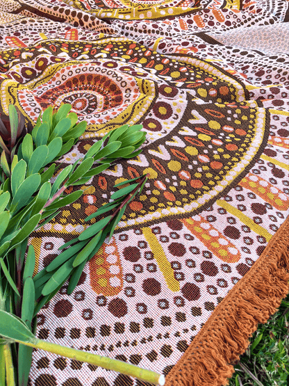 Close up of Stomping Ground throw design details. Indigenous Aboriginal art picnic blanket