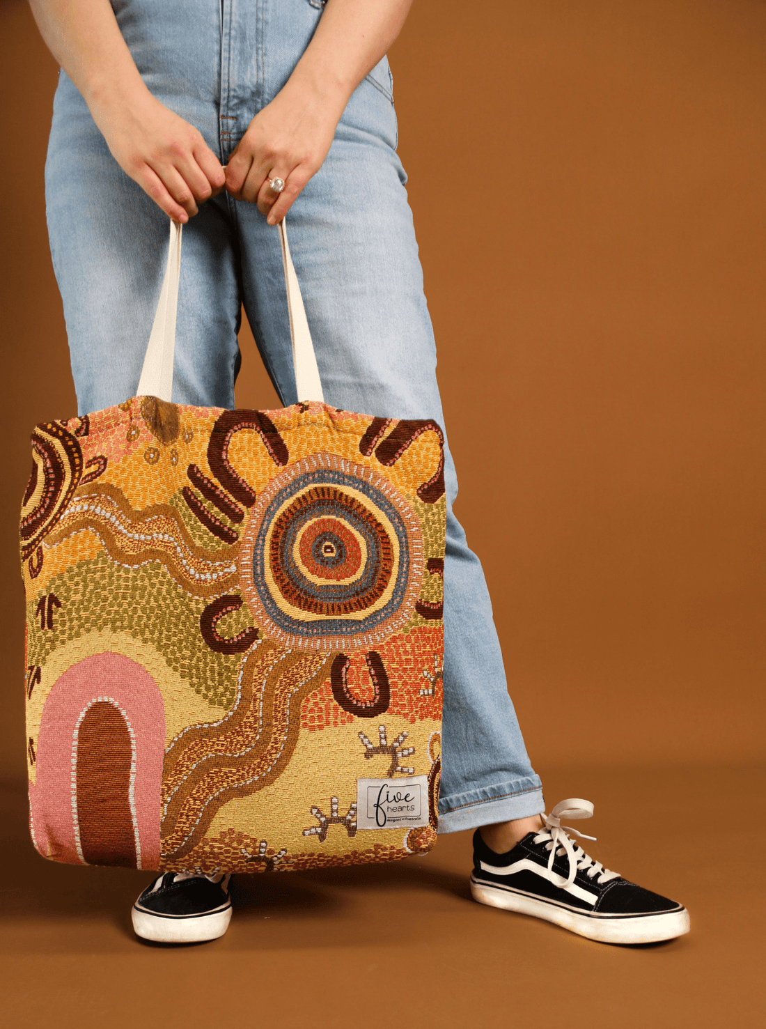 Coming Home Indigenous art tote bag. Woven from recycled fabrics. First Nations art, designed in Aus.